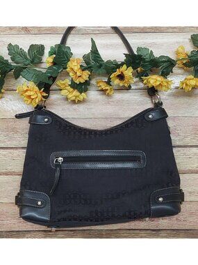 Gianni Bini Black Baguette Signature Print Leather Accent Shoulder Bag Purse